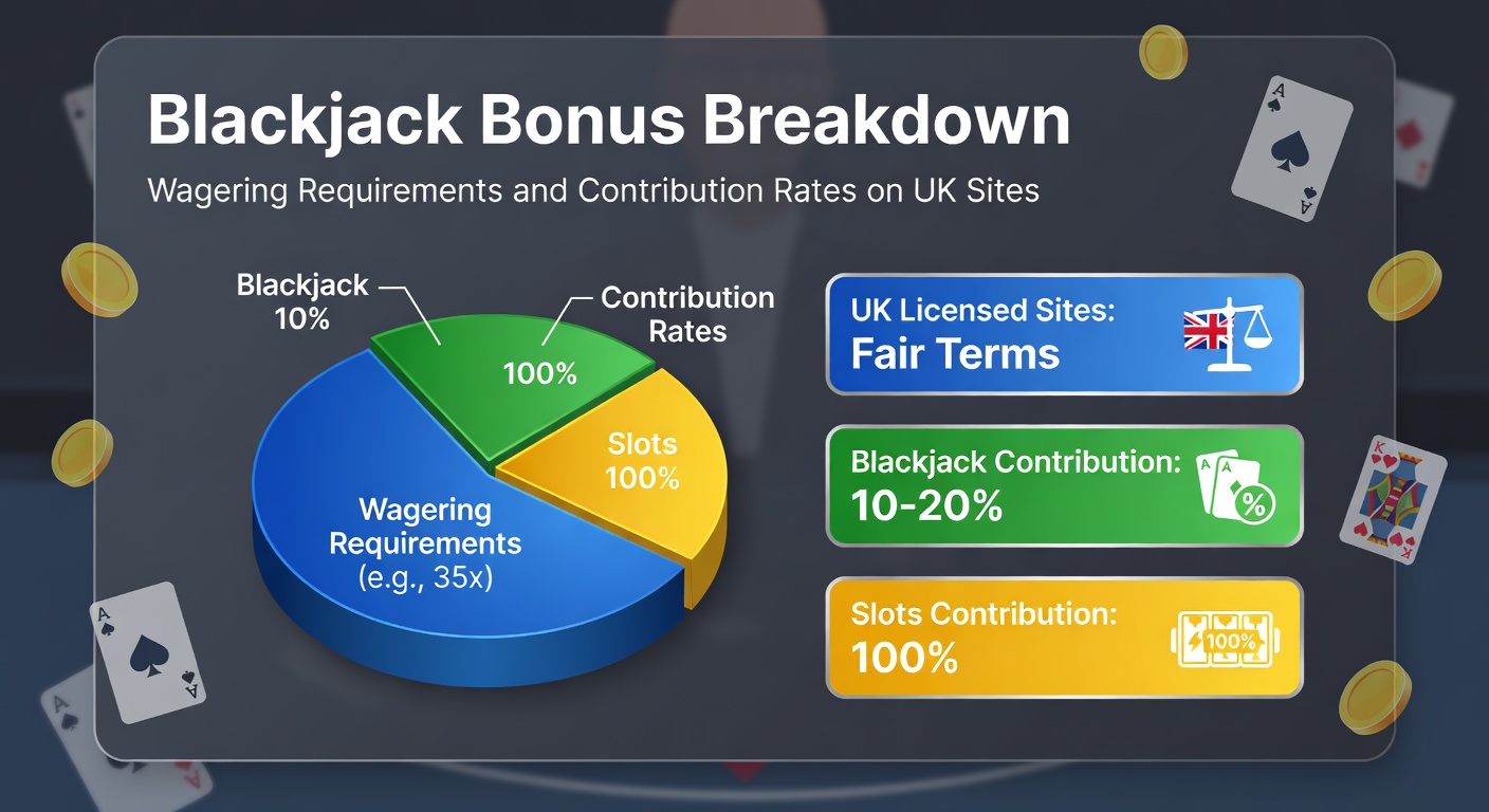 Digital graphic showing a blackjack table with bonus icons, wagering meters, and UK flag elements highlighting contribution rates