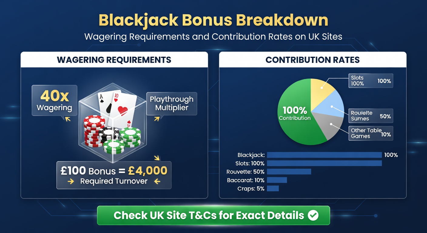 Close-up chart comparing blackjack contribution rates versus slots and roulette on various UK casino bonus terms