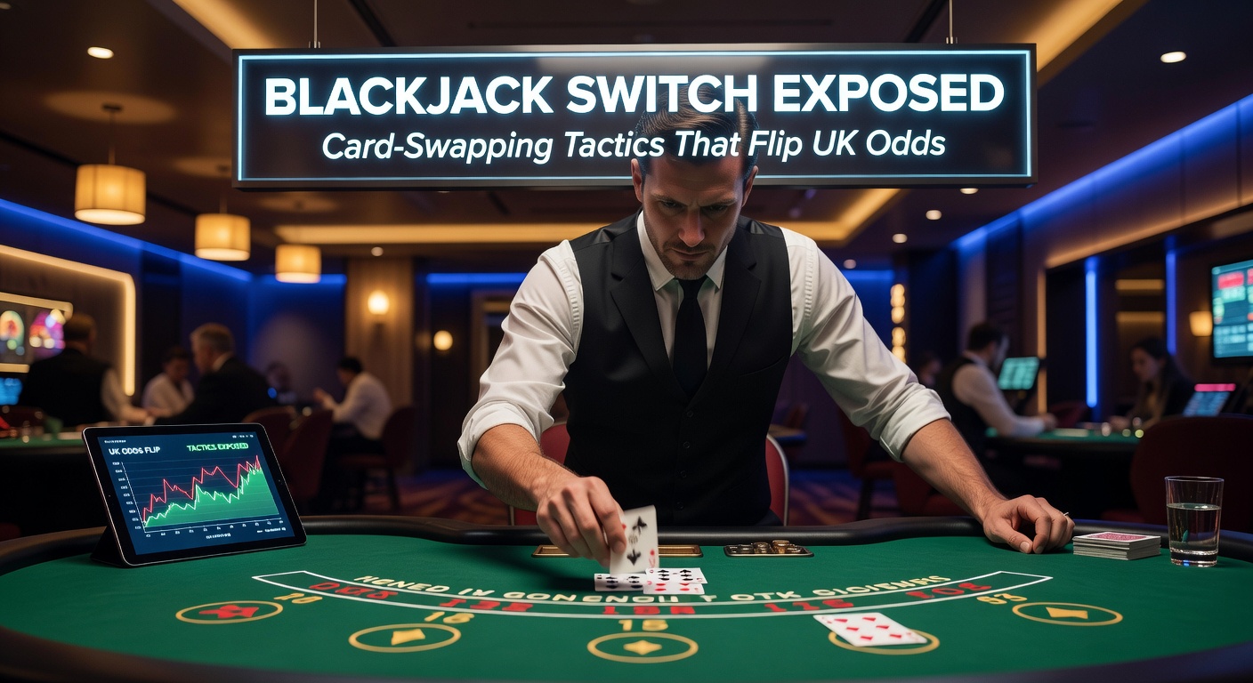 Digital Blackjack Switch interface on a UK mobile app, displaying a mid-game swap with highlighted odds shift and live dealer feed