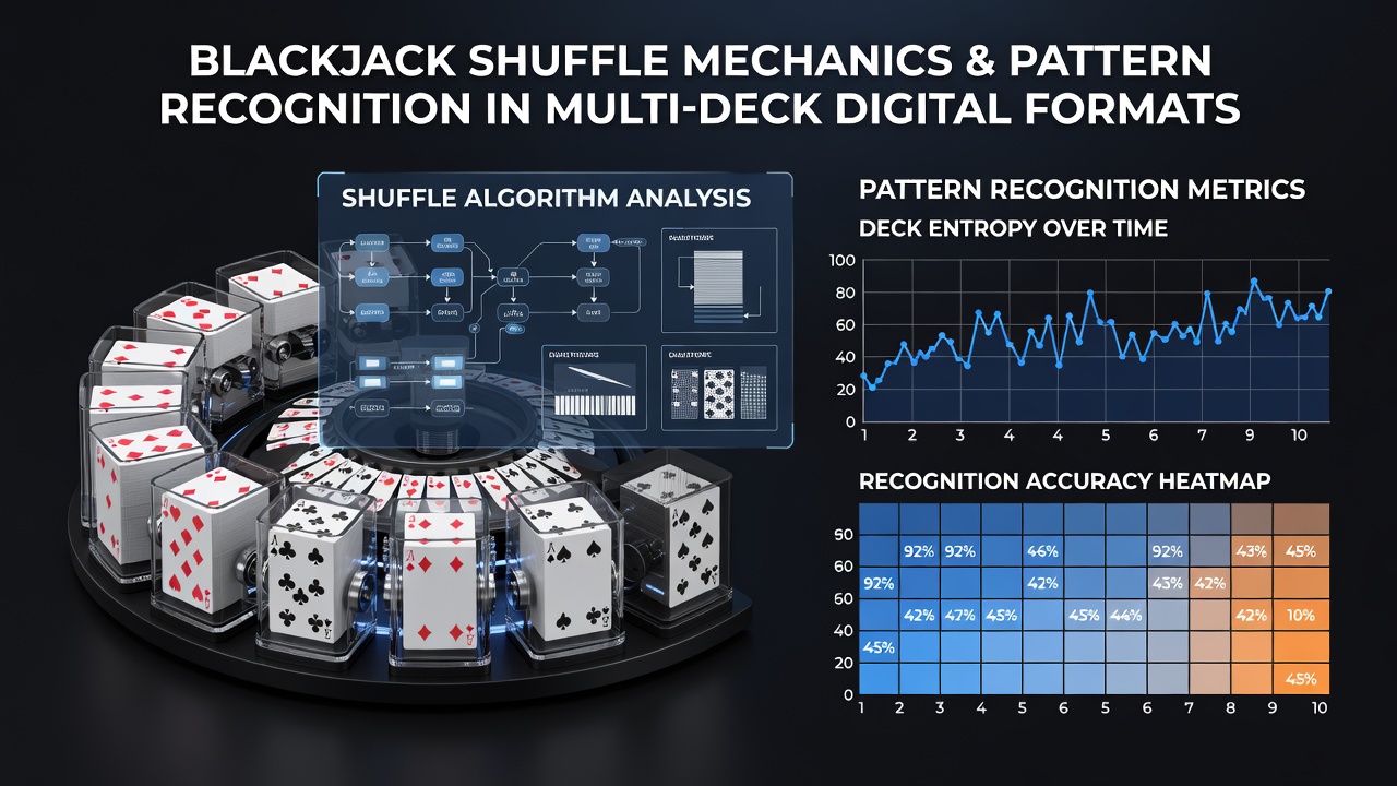 Close-up of multi-deck virtual shoe and RNG shuffle process in an online blackjack game