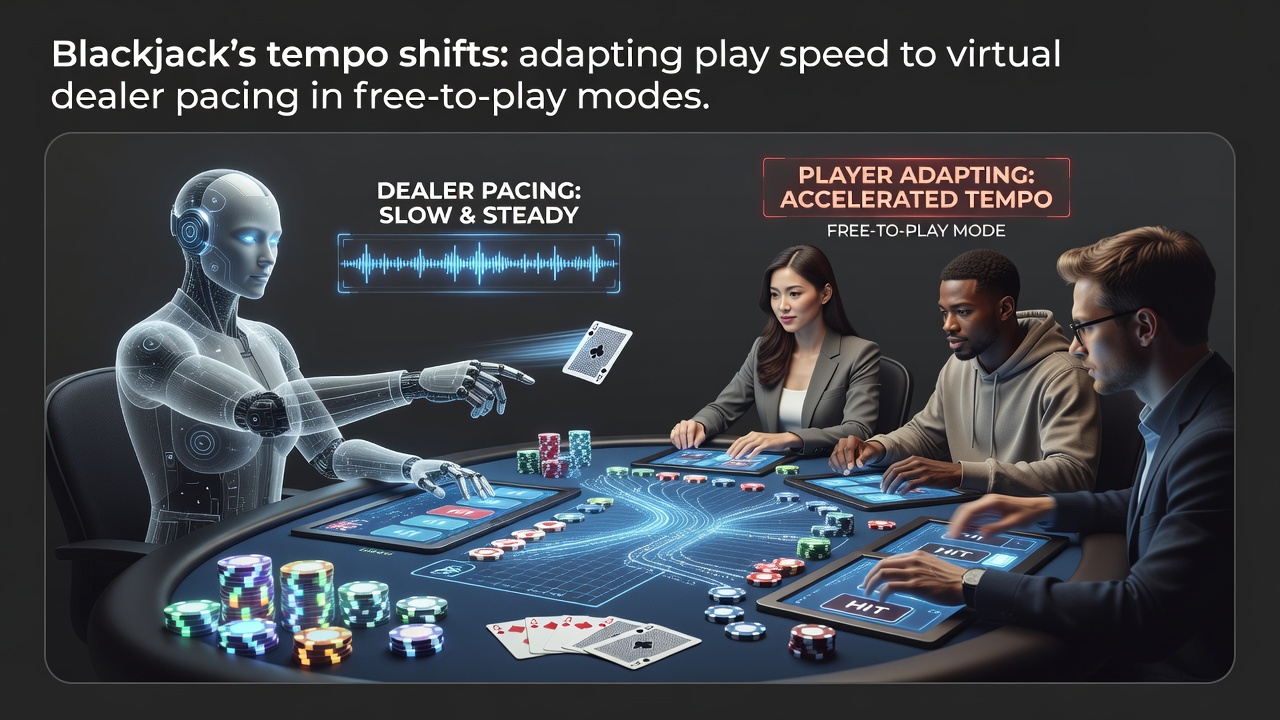 Virtual blackjack table interface showing dealer pacing indicators and player decision timers in a free-to-play demo mode