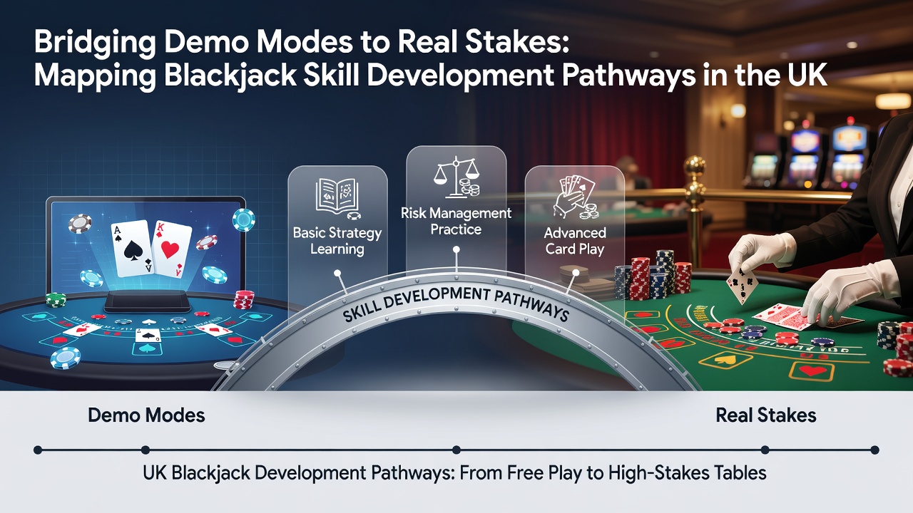 Blackjack player transitioning from demo mode interface on a tablet to live dealer table in a UK casino setting, showing progression from practice to real play