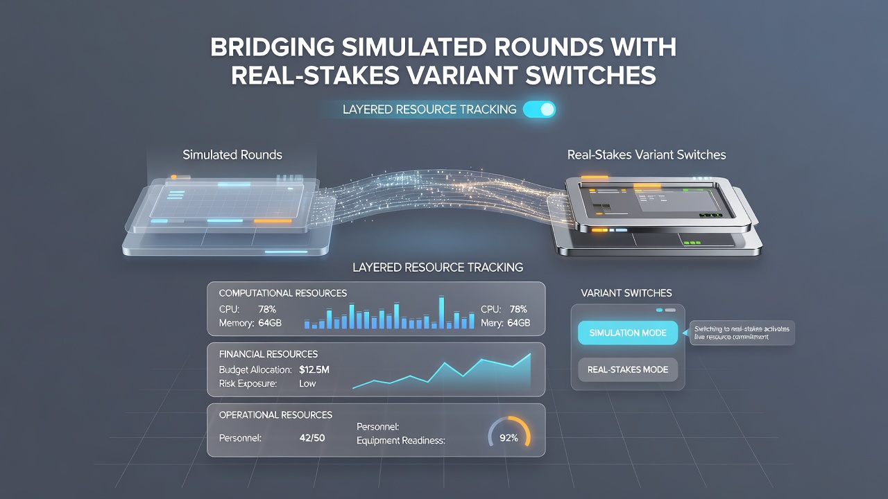 Flowchart illustrating simulation output feeding into real-stakes variant selection with resource layers highlighted at each decision node