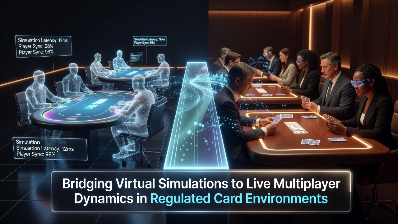 Virtual simulation interface showing multiplayer card table setup with regulated environment indicators