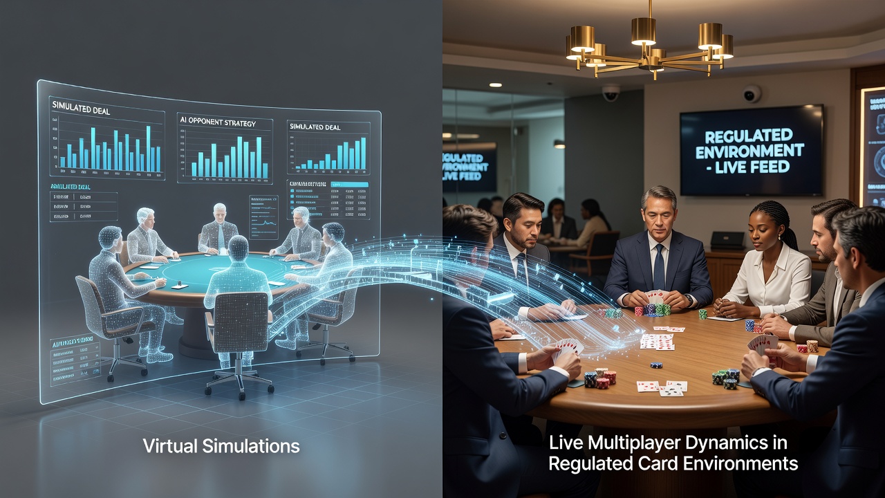 Live multiplayer card table in regulated casino setting with digital overlay indicators