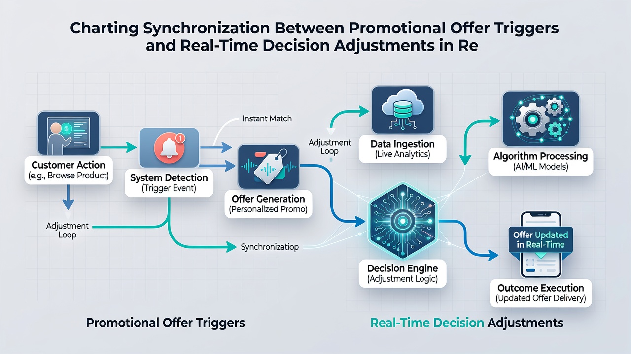 Flow diagram of promotional triggers syncing with decision engines in digital card platforms