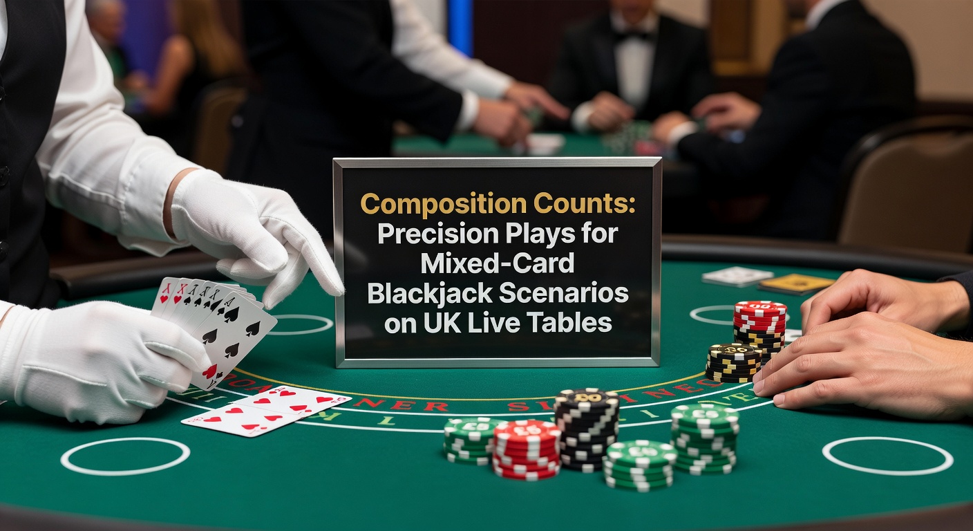Close-up of blackjack table with mixed card hands on a UK live dealer stream, showing player's 16 as 10-6 and dealer's 10 upcard