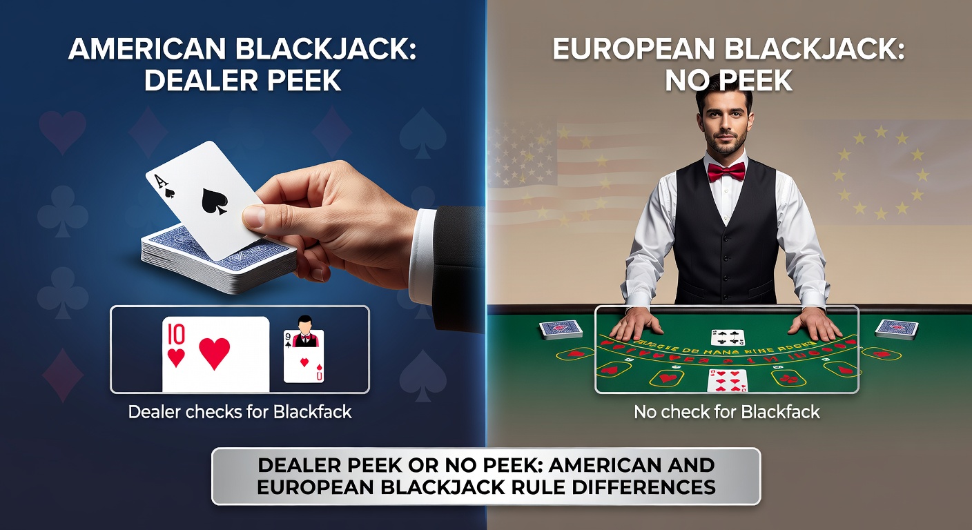 European blackjack table layout showing dealer upcard without hole card peek, emphasizing faster play and strategic adjustments