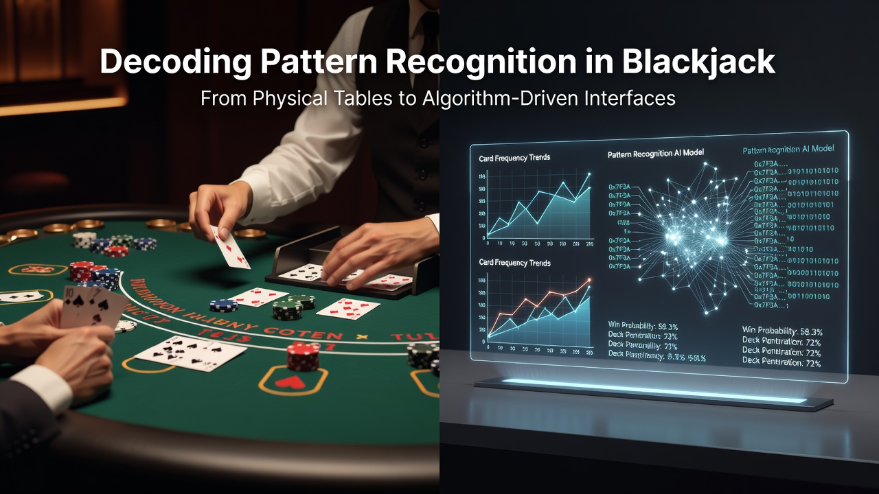 Blackjack table setup showing cards, chips, and players analyzing sequences during live play