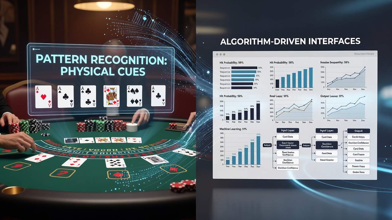Digital blackjack interface displaying algorithmic pattern analysis overlays on a mobile screen