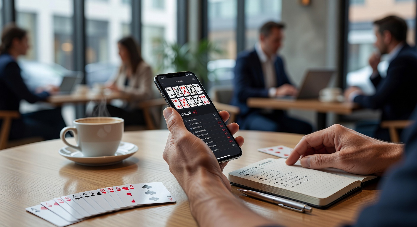 Hand holding a smartphone during a mobile blackjack game, with overlaid graphics showing mental card count groupings and bet adjustment signals