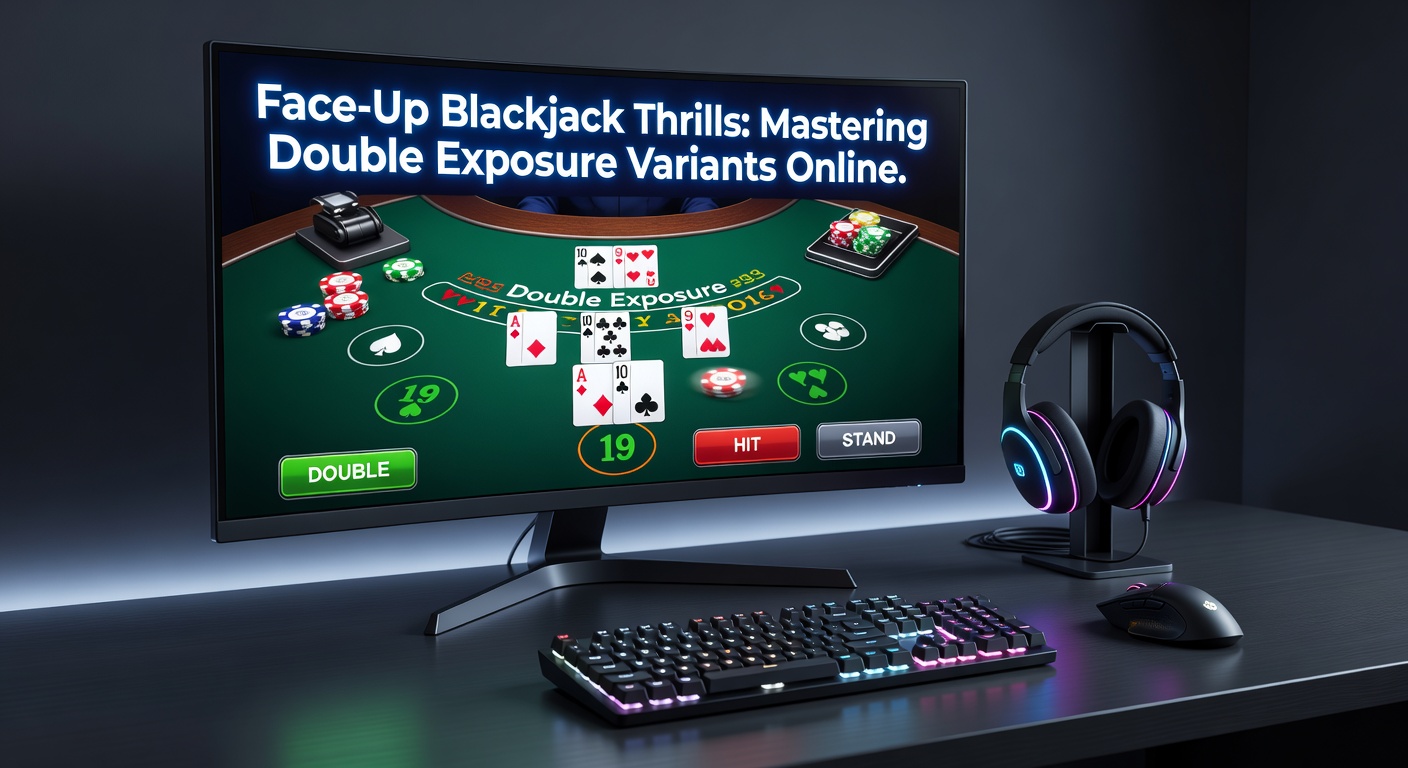 Digital rendering of a Double Exposure Blackjack table showing both dealer cards face-up, with players strategizing around exposed hole cards