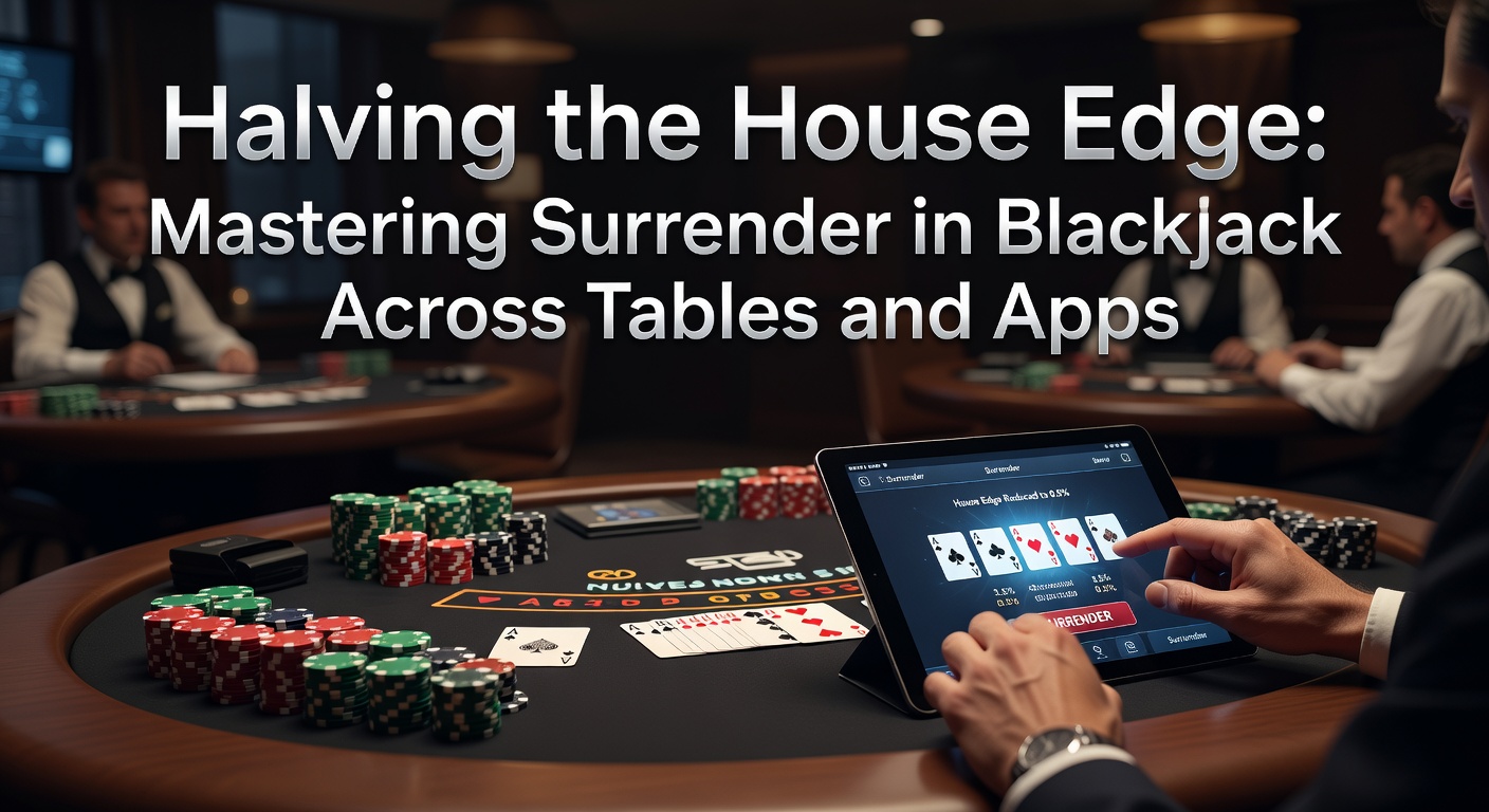 Digital blackjack app interface displaying surrender button during a hand against dealer Ace