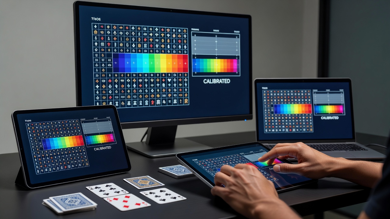 Various digital screens showing calibrated and uncalibrated card displays side by side for comparison
