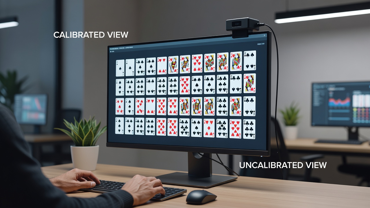 Close-up of a calibrated monitor displaying crisp card details during a long session with measurement tools visible