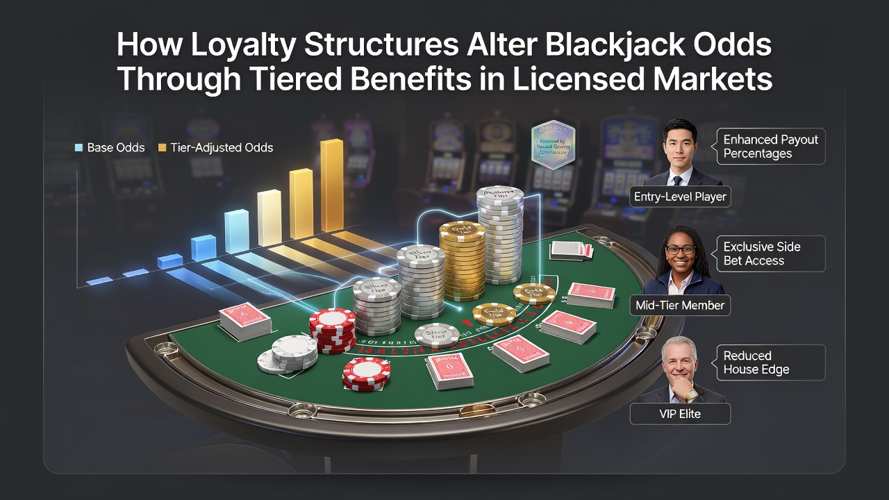Blackjack table layout showing tiered loyalty benefits and payout adjustments in a licensed casino setting