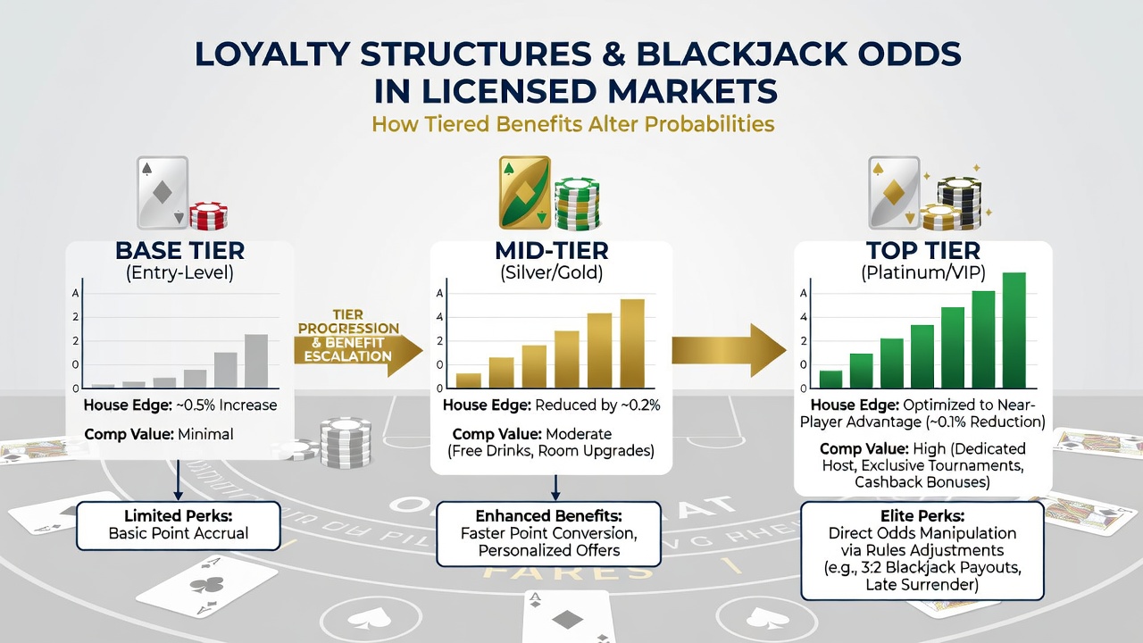 Illustration of loyalty tier progression chart overlaid on blackjack cards and chips in a regulated gaming environment