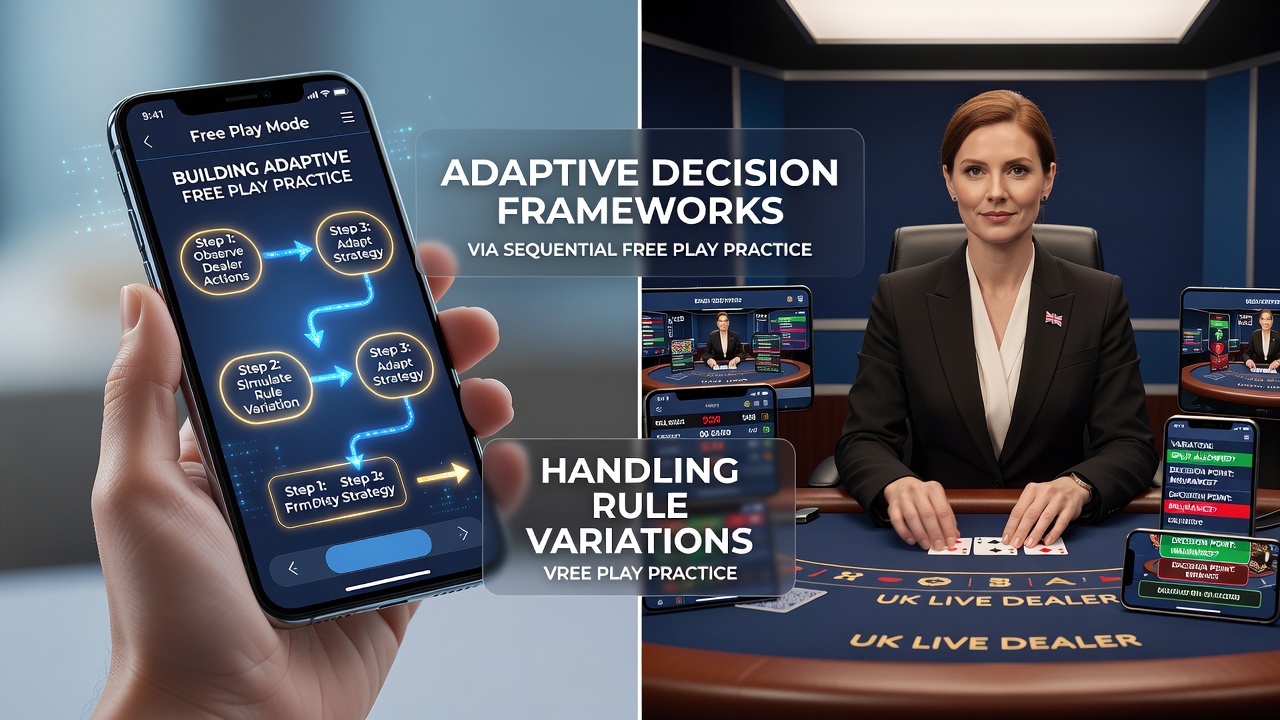 Mobile device displaying free play blackjack interface with rule variation indicators and decision prompts