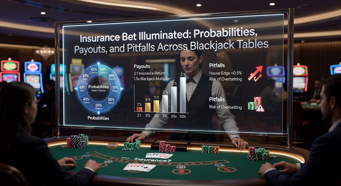 Close-up of a blackjack table with dealer showing an ace upcard and insurance bet marker in play, highlighting the decision point for players