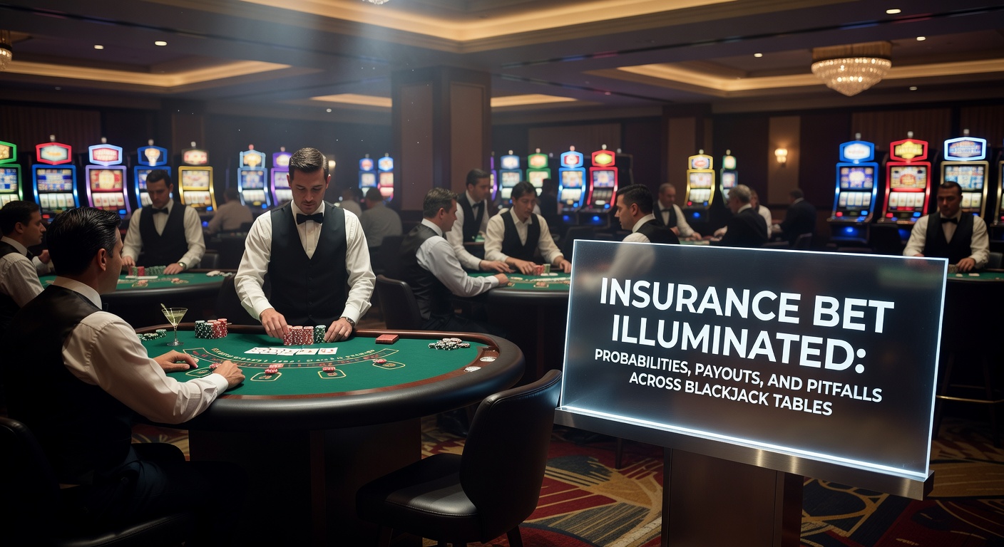 Infographic chart comparing insurance bet house edges across different blackjack variants and deck configurations, with payout ratios overlaid