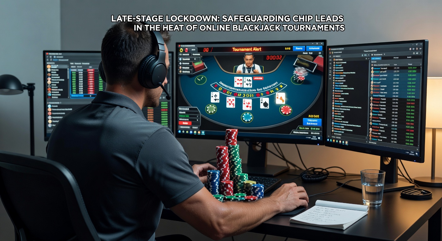 Intense online blackjack tournament final table with players focused on screens, chips stacked high, and tension in the air