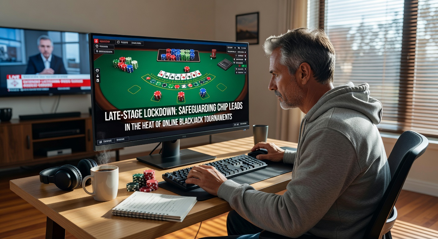 Close-up of a tournament player's screen showing a massive chip lead, bet sliders conservative, and payout ladder visible in the late stages
