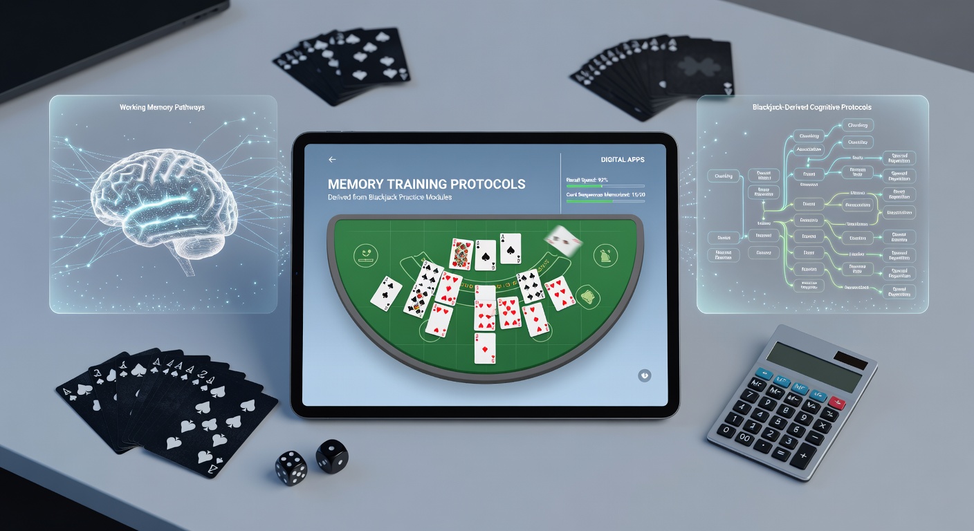 Digital blackjack practice interface displaying strategy training modules and memory exercises