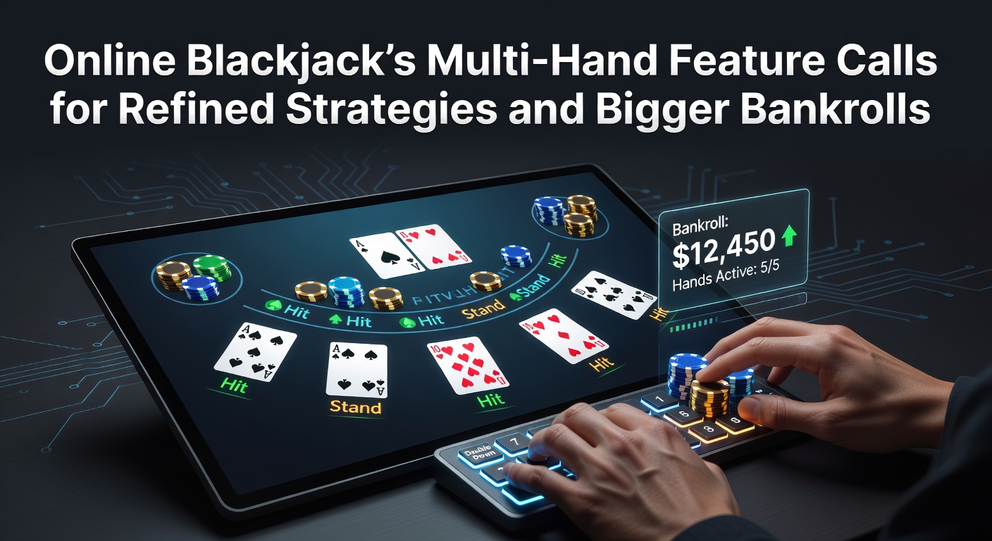 Vibrant online blackjack interface displaying multiple hands in play simultaneously, with chips stacked across several betting spots