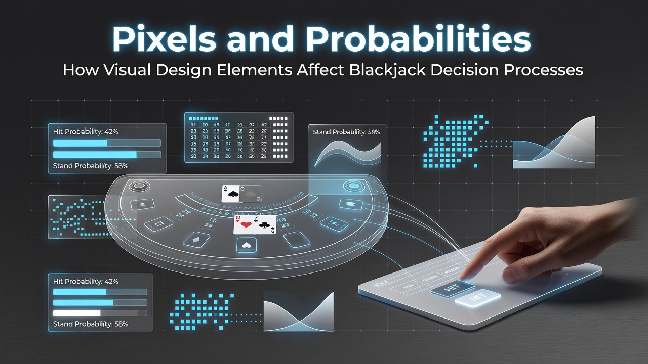Digital blackjack interface showing card layouts and probability indicators on a green felt-style table with highlighted decision buttons