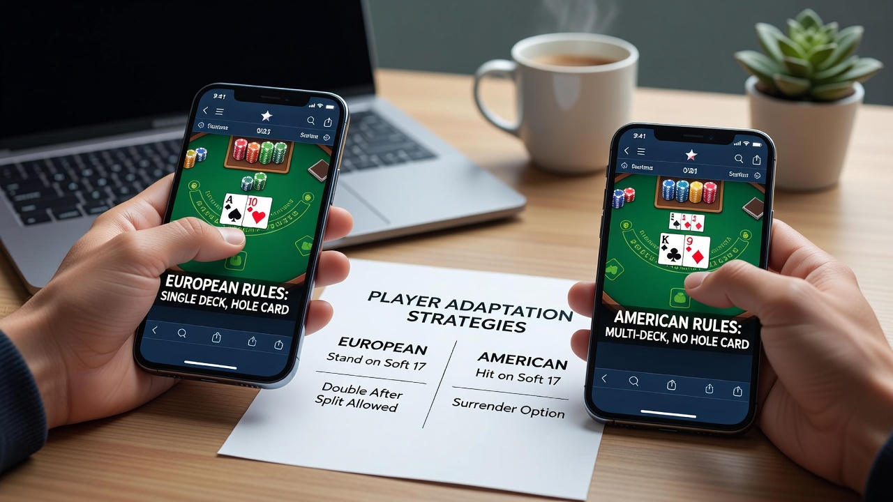Smartphone screen showing blackjack game interface with European and American rule indicators