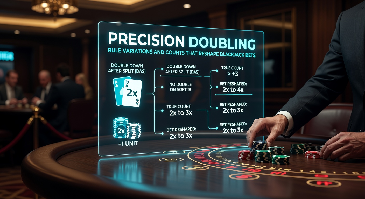 Close-up of a blackjack table showing a player doubling down on a strong hand against the dealer's upcard, chips doubled in the betting circle