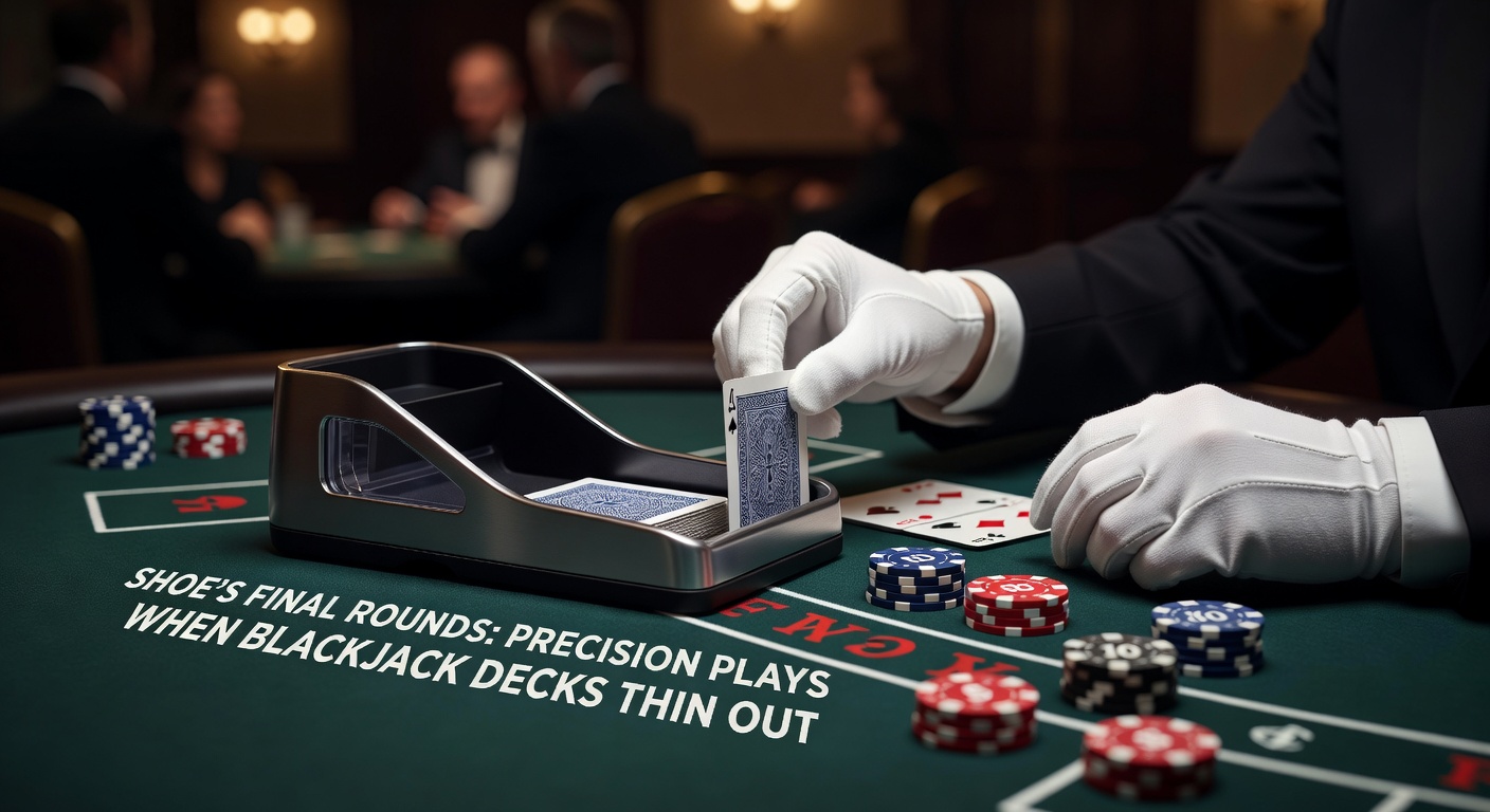 Close-up of a blackjack shoe with cards thinning out toward the cut card, highlighting the tension of late rounds
