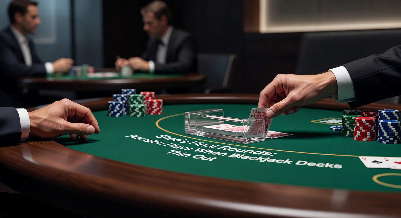 Digital simulation of a blackjack hand in the final shoe rounds, with strategy deviation indicators overlaid