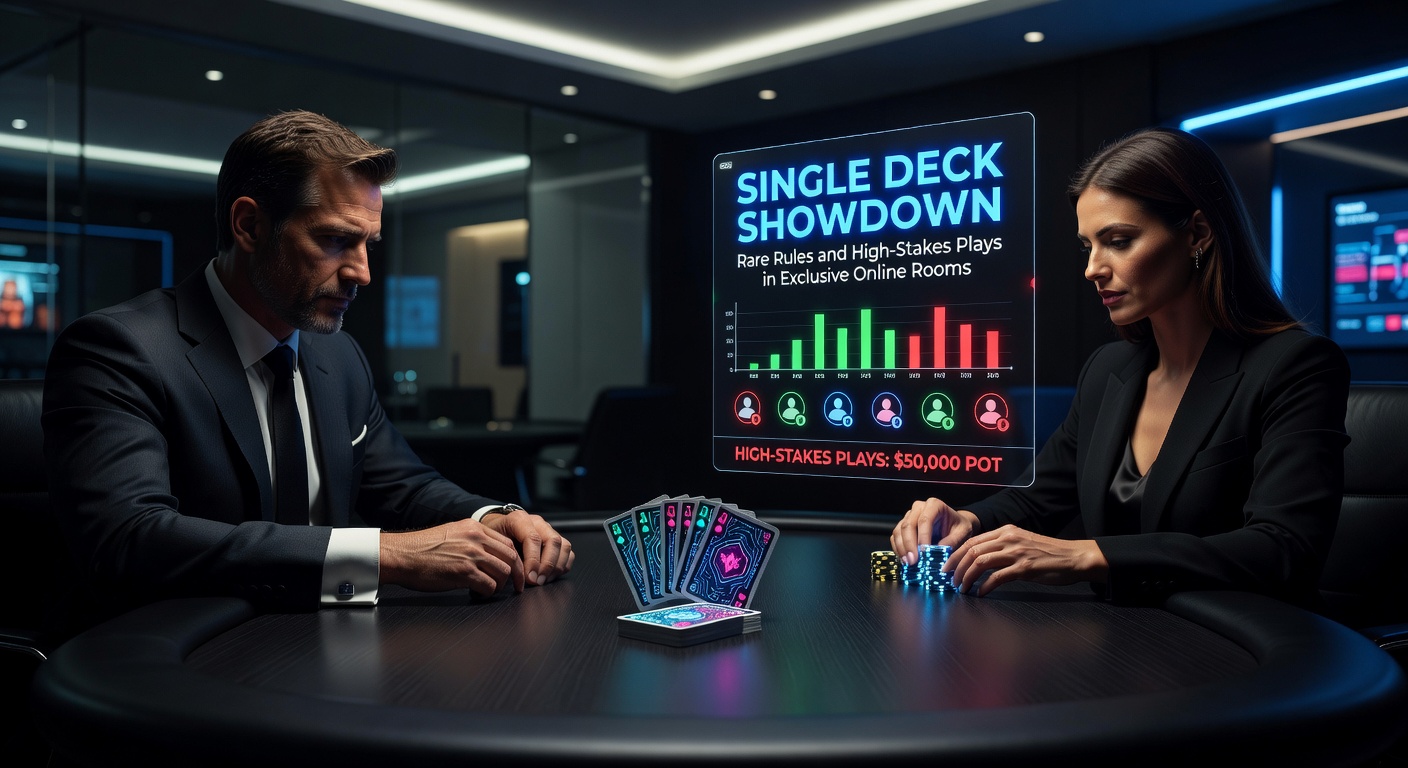 Close-up of a single-deck blackjack setup in a high-end online casino interface, cards fanned out on a virtual green felt table with high-stakes chips stacked nearby