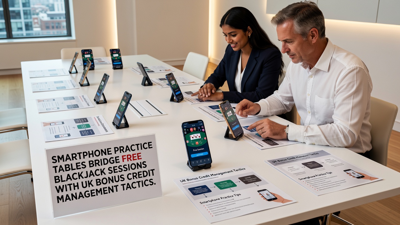 Close-up of smartphone app displaying blackjack hand history synced with bonus credit progress bars