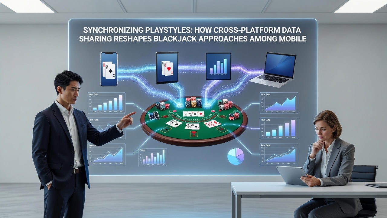 Illustration of synchronized blackjack data flowing between mobile devices and analytics dashboards