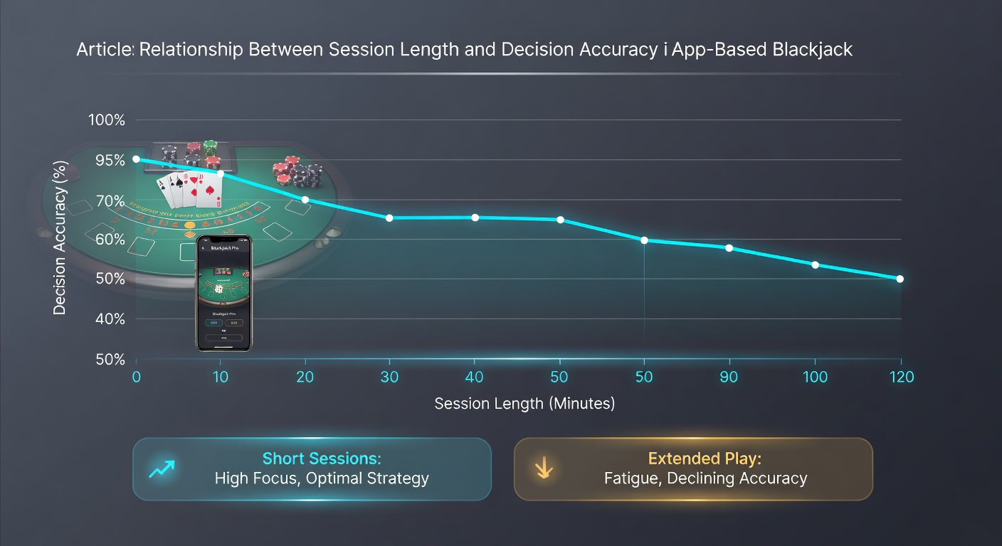Line graph illustrating declining decision accuracy as blackjack session lengths increase in mobile app environments