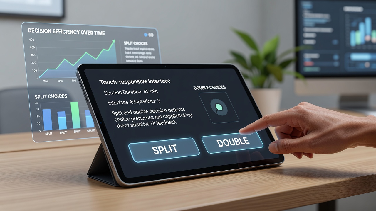 Close-up view of a portable device screen displaying blackjack options with touch-responsive buttons for split and double decisions