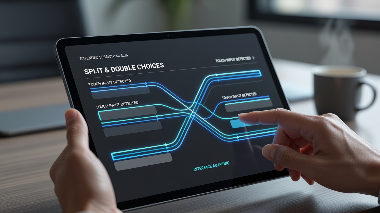 Player using a tablet device during a long blackjack session with visible touch interface elements highlighting split and double options